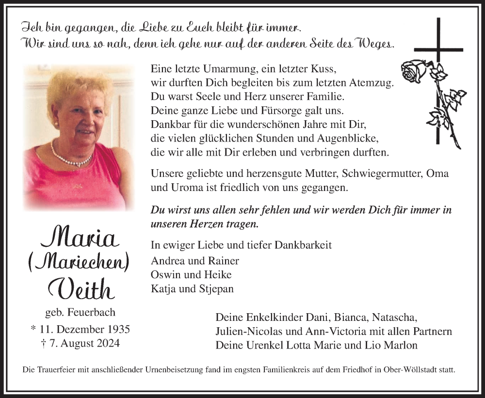  Traueranzeige für Maria Veith vom 31.08.2024 aus Wetterauer Zeitung