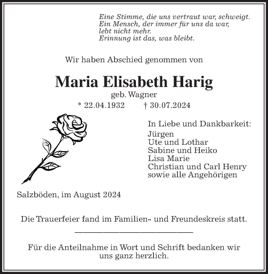 Traueranzeige von Maria Elisabeth Harig von Giessener Allgemeine, Alsfelder Allgemeine