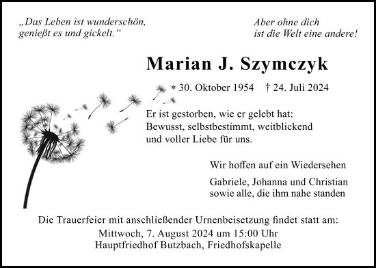 Traueranzeige von Marian J. Szymczyk von Butzbacher Zeitung