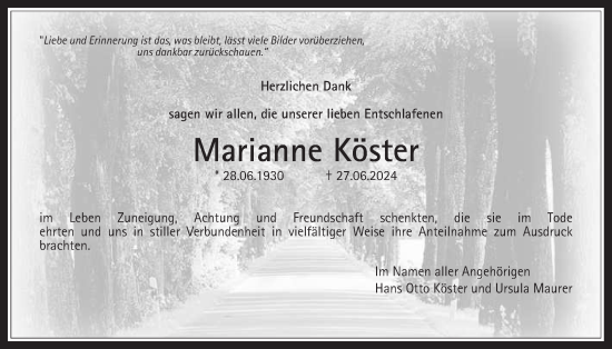 Traueranzeige von Marianne Köster von Wetterauer Zeitung