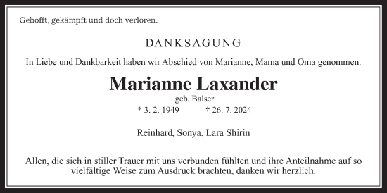 Traueranzeige von Marianne Laxander von Giessener Allgemeine, Alsfelder Allgemeine