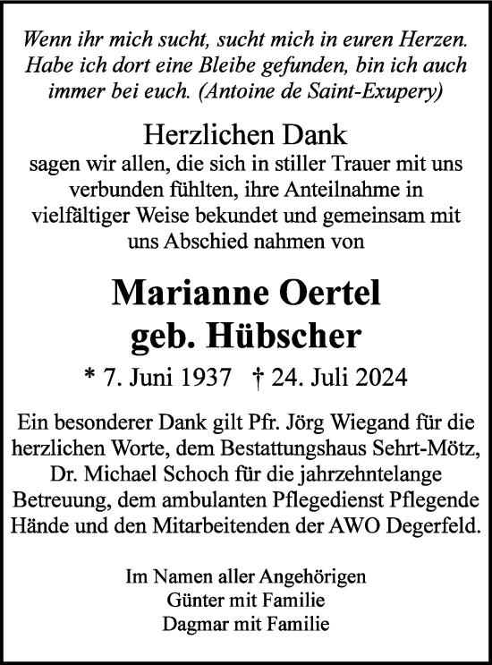 Traueranzeige von Marianne Oertel von Butzbacher Zeitung