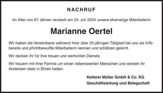Traueranzeige von Marianne Oertel von Butzbacher Zeitung