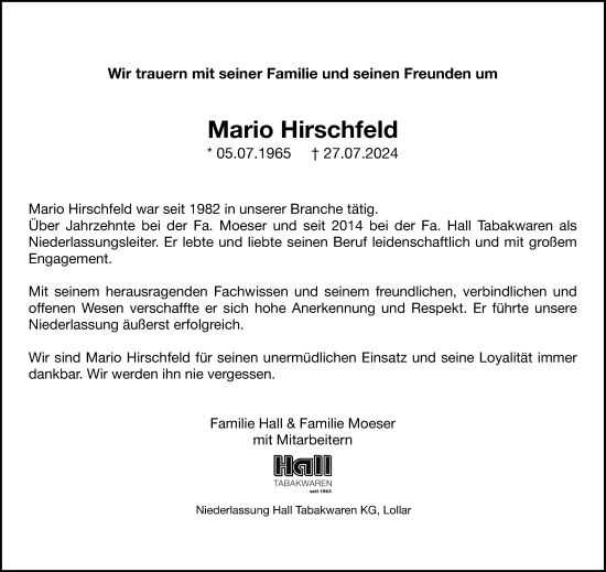 Traueranzeige von Mario Hirschfeld von Giessener Anzeiger