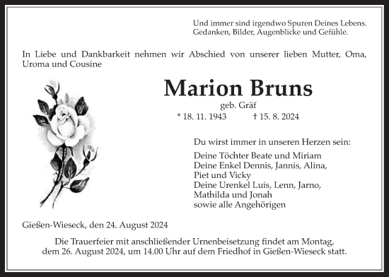 Traueranzeige von Marion Bruns von Giessener Allgemeine, Alsfelder Allgemeine, Giessener Anzeiger