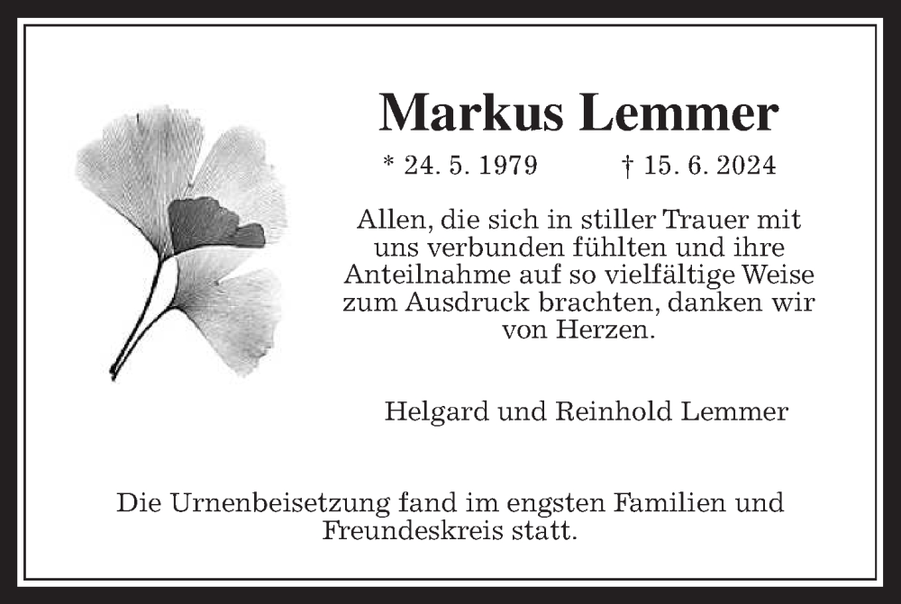  Traueranzeige für Markus Lemmer vom 03.08.2024 aus Giessener Allgemeine, Alsfelder Allgemeine