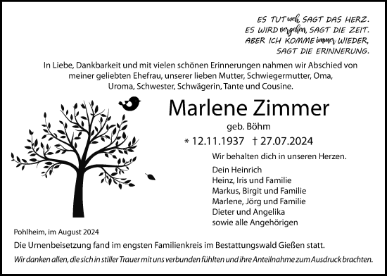 Traueranzeige von Marlene Zimmer von Pohlheimer Nachrichten