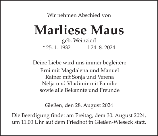 Traueranzeige von Marliese Maus von Giessener Anzeiger