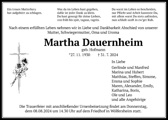 Traueranzeige von Martha Dauernheim von Wetterauer Zeitung