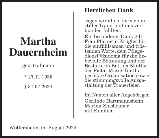 Traueranzeige von Martha Dauernheim von Wetterauer Zeitung