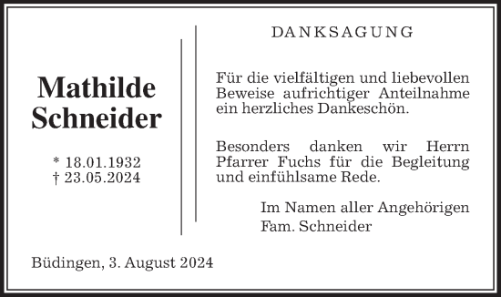 Traueranzeige von Mathilde Schneider von Kreis-Anzeiger