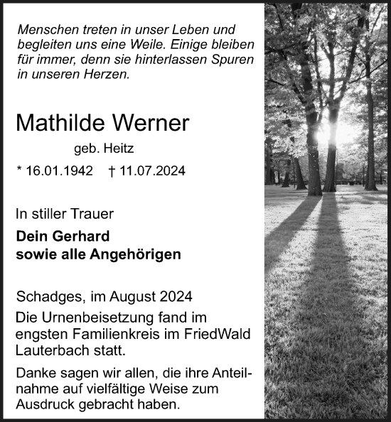 Traueranzeige von Mathilde Werner von Lauterbacher Anzeiger