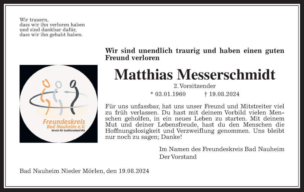  Traueranzeige für Matthias Messerschmidt vom 24.08.2024 aus Wetterauer Zeitung