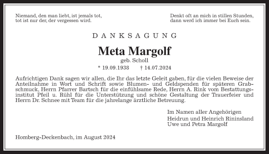 Traueranzeige von Meta Margolf von Giessener Allgemeine, Alsfelder Allgemeine