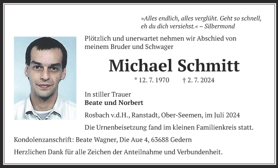 Traueranzeige von Michael Schmitt von Wetterauer Zeitung, Kreis-Anzeiger