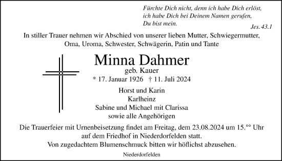 Traueranzeige von Minna Dahmer von Bad Vilbel/Karben