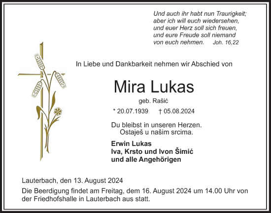 Traueranzeige von Mira Lukas von Lauterbacher Anzeiger