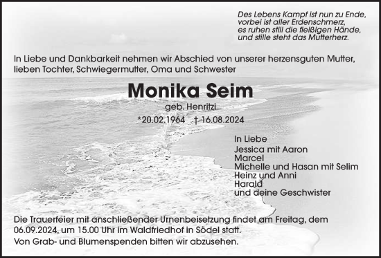 Traueranzeige von Monika Seim von Wetterauer Zeitung