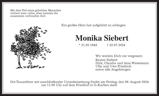 Traueranzeige von Monika Siebert von Bad Vilbel/Karben, Wetterauer Zeitung