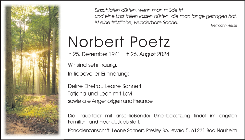  Traueranzeige für Norbert Poetz vom 31.08.2024 aus Wetterauer Zeitung