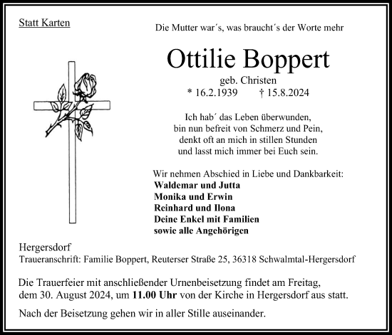 Traueranzeige von Ottilie Boppert 