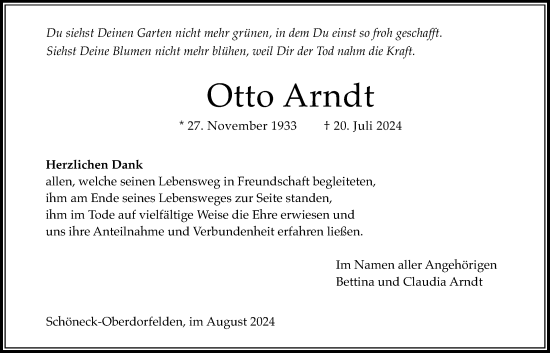Traueranzeige von Otto Arndt von Bad Vilbel/Karben