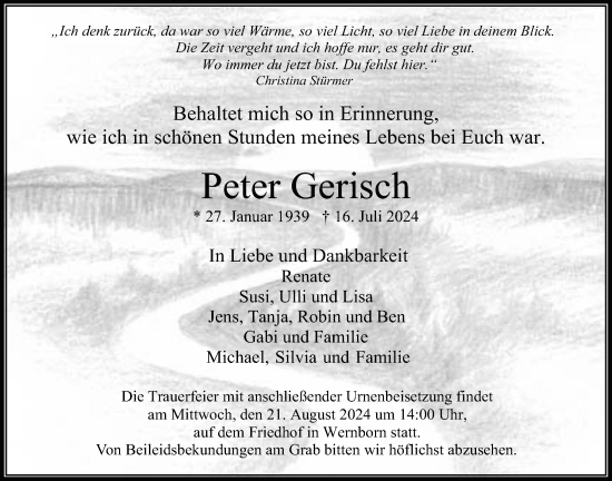 Traueranzeige von Peter Gerisch von Usinger Anzeigenblatt