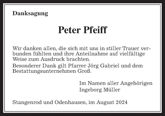 Traueranzeige von Peter Pfeiff von Giessener Allgemeine, Alsfelder Allgemeine, Rabenauer Zeitung