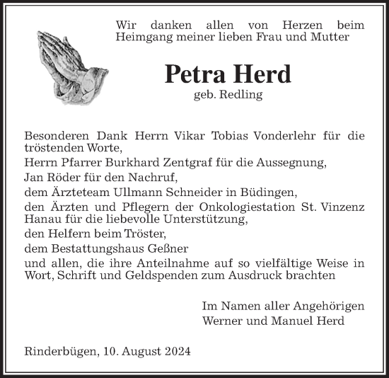 Traueranzeige von Petra Herd von Kreis-Anzeiger