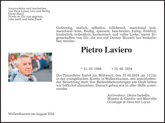 Traueranzeige von Pietro Laviero von Kreis-Anzeiger