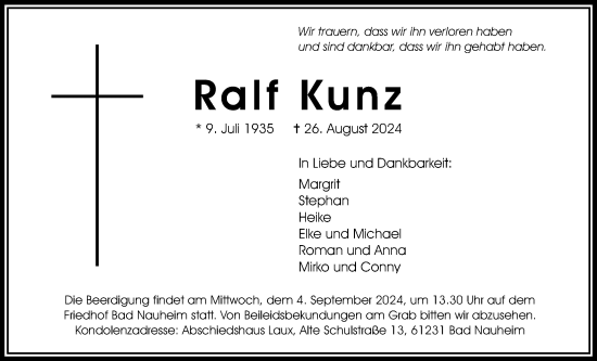 Traueranzeige von Ralf Kunz von Wetterauer Zeitung
