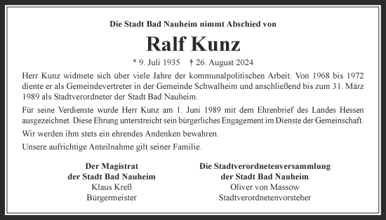 Traueranzeige von Ralf Kunz von Wetterauer Zeitung