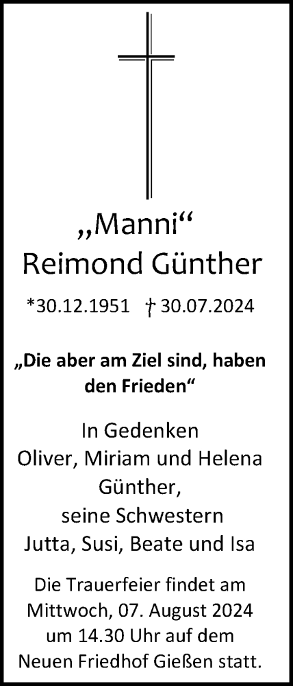 Traueranzeige von Reimond Günther von Giessener Allgemeine, Alsfelder Allgemeine
