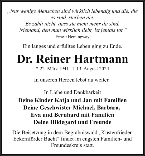 Traueranzeige von Reiner Hartmann von Lauterbacher Anzeiger