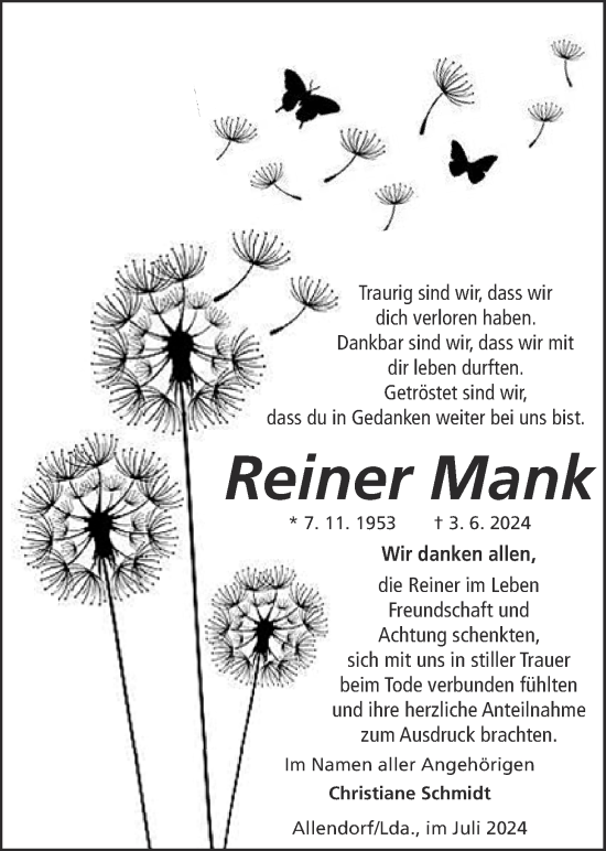 Traueranzeige von Reiner Mank von Allendorfer Mitteilungen