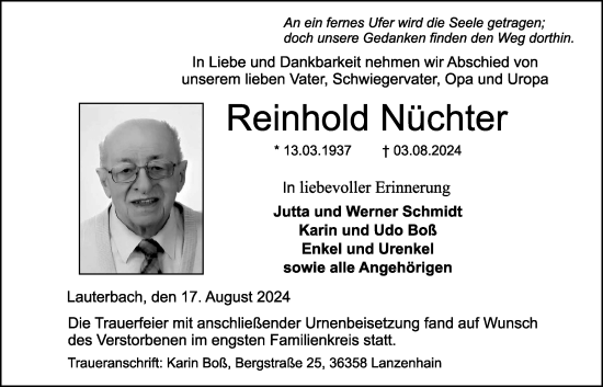 Traueranzeige von Reinhold Nüchter von Lauterbacher Anzeiger
