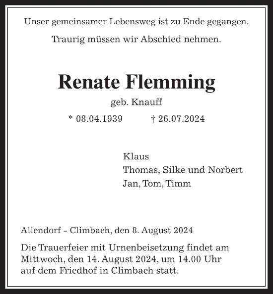 Traueranzeige von Renate Flemming von Allendorfer Mitteilungen