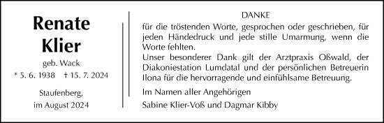 Traueranzeige von Renate Klier von Giessener Anzeiger, Giessener Allgemeine, Alsfelder Allgemeine
