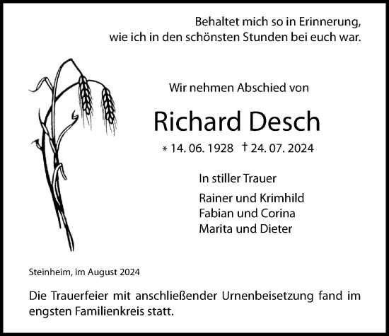 Traueranzeige von Richard Desch von Licher Wochenblatt