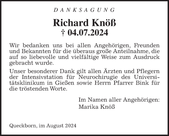 Traueranzeige von Richard Knöß von Giessener Allgemeine, Alsfelder Allgemeine