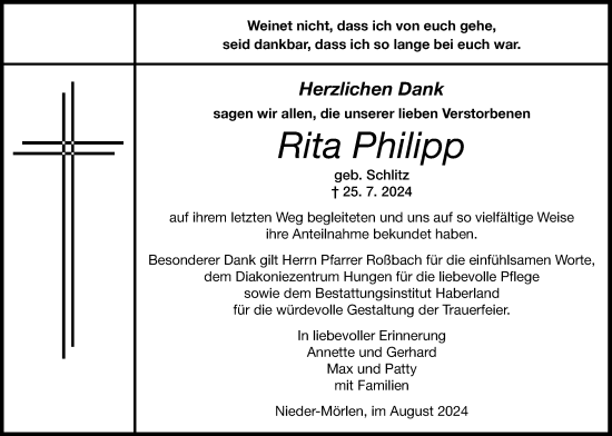 Traueranzeige von Rita Philipp von Wetterauer Zeitung