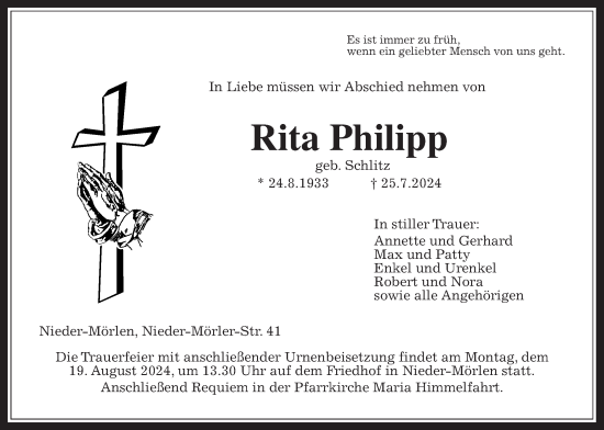 Traueranzeige von Rita Philipp von Wetterauer Zeitung