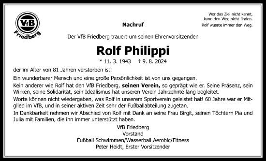 Traueranzeige von Rolf Philippi von Wetterauer Zeitung