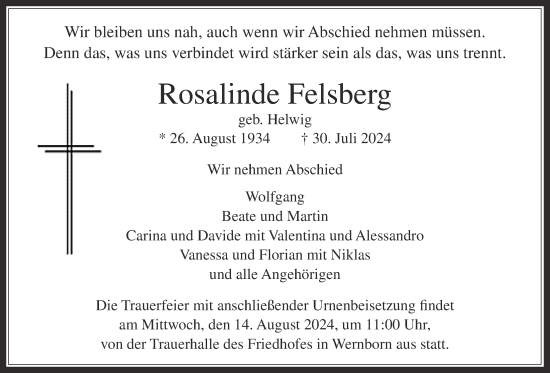 Traueranzeige von Rosalinde Felsberg von Usinger Anzeiger