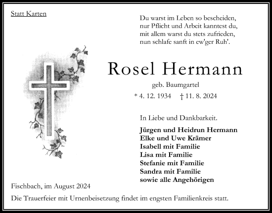 Traueranzeige von Rosel Hermann von Oberhessische Zeitung