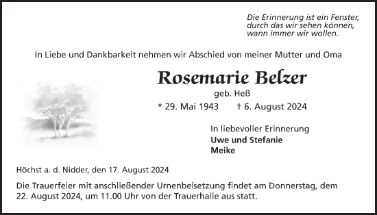 Traueranzeige von Rosemarie Belzer 
