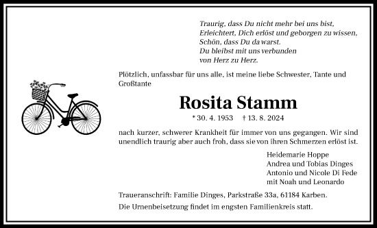 Traueranzeige von Rosita Stamm von Bad Vilbel/Karben