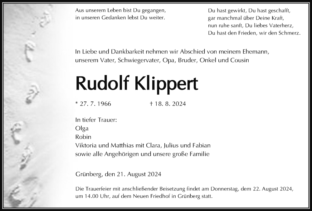  Traueranzeige für Rudolf Klippert vom 21.08.2024 aus Giessener Allgemeine, Alsfelder Allgemeine