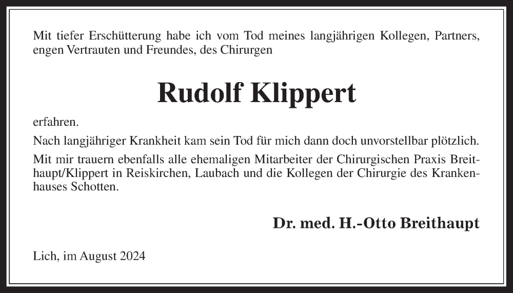  Traueranzeige für Rudolf Klippert vom 22.08.2024 aus Giessener Allgemeine, Alsfelder Allgemeine, Giessener Anzeiger