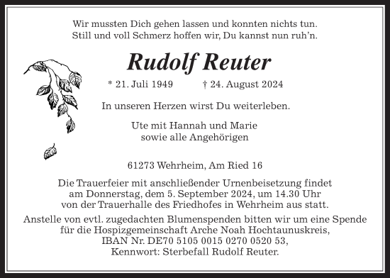 Traueranzeige von Rudolf Reuter von Usinger Anzeiger